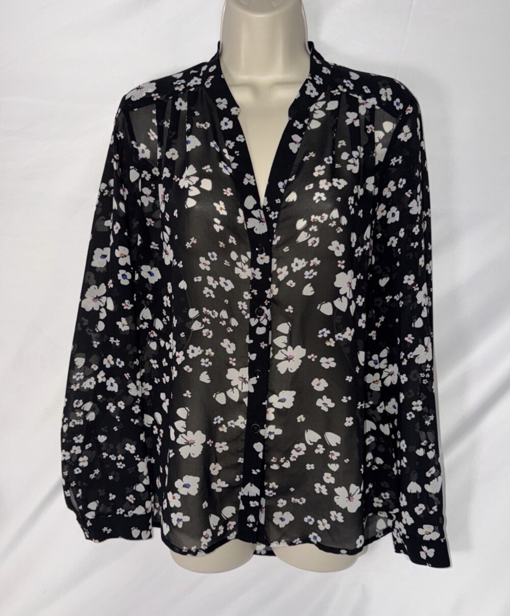 Cabi Delight Blouse Womens Medium Black White Floral Button Front Sheer Summer